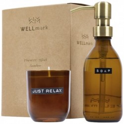 Wellmark Discovery dozownik na mydło do rąk o pojemności 200 ml i zestaw świec zapachowych 150 g - o zapachu bambusa 